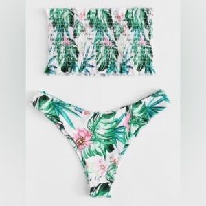 Smocked strapless floral bikini